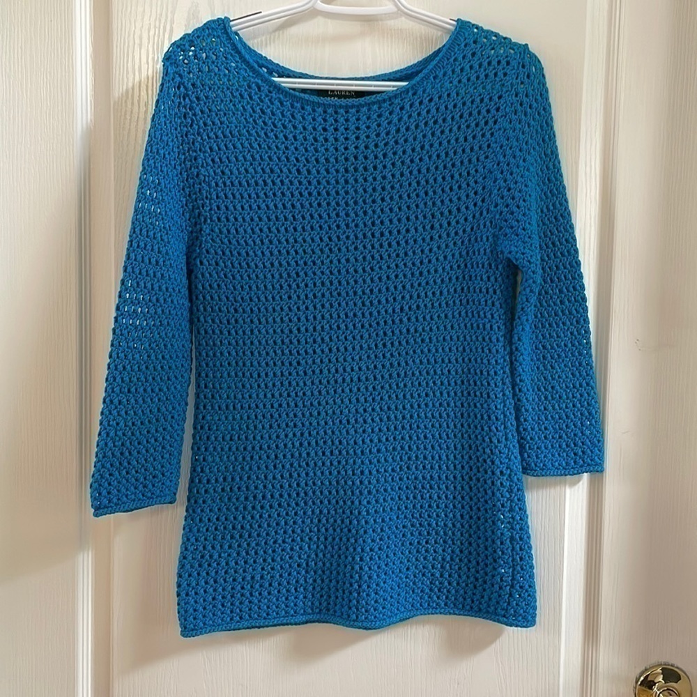 LaurenRalph  Lauren hand knit  blue crochet sweater size M